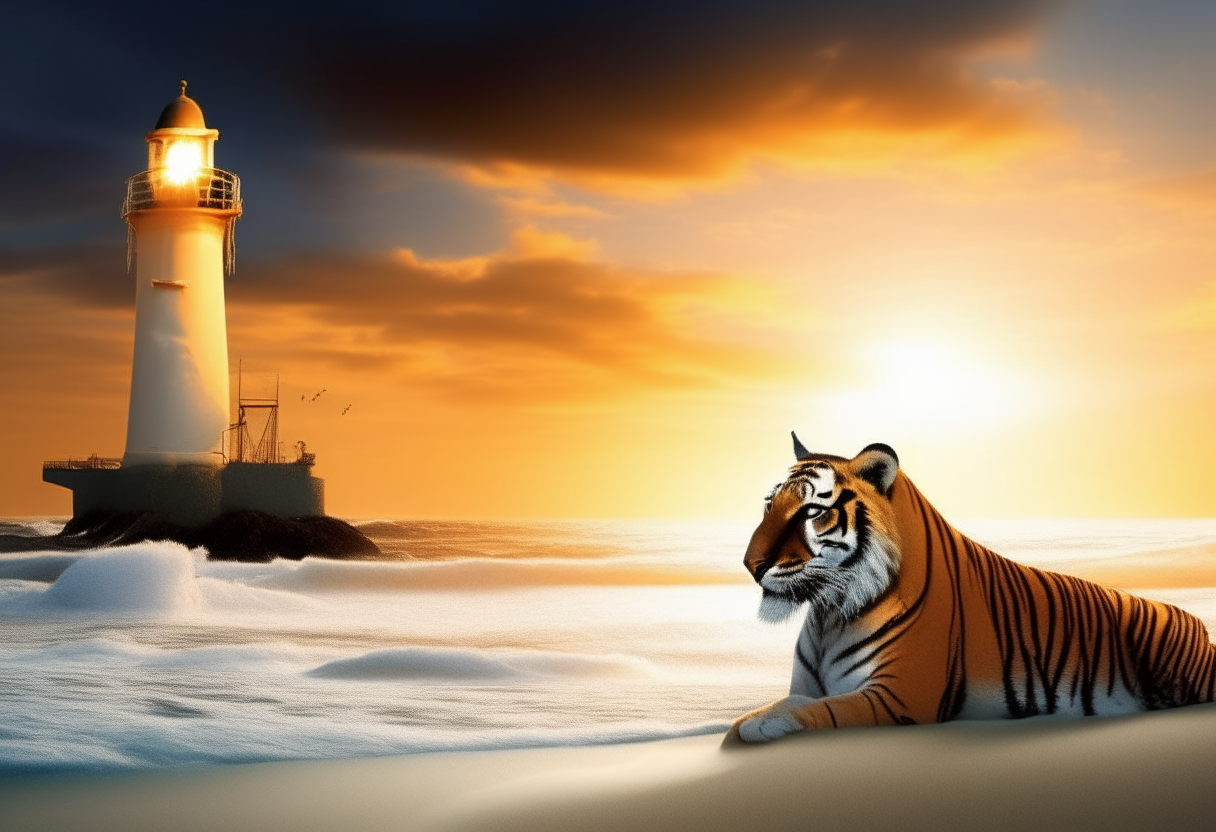 A majestic tiger with orange and black fur resting on a white sand beach as the sun sets. Large waves crash on the shore while in the distance a sailboat sails in strong winds with its sails spread wide. A towering lighthouse stands partially illuminated on the horizon.