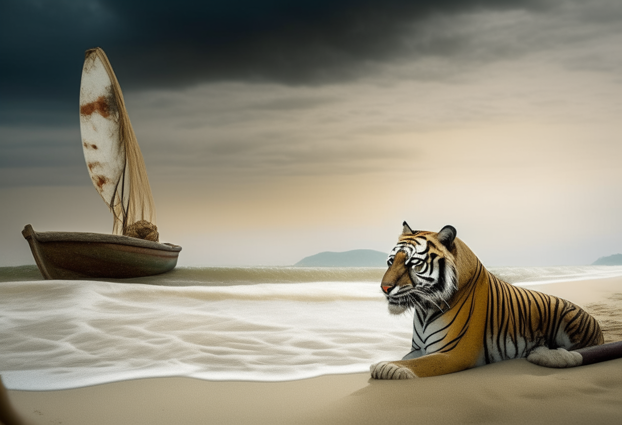 The same scene of a majestic tiger resting on a beach, but with a small boat added in the rough seas in the distance