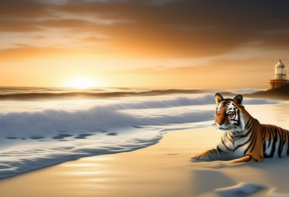 A majestic tiger resting on a white sand beach as the sun sets. Large waves crash on the shore in the distance. A sailboat and lighthouse can also be seen in the rough seas.