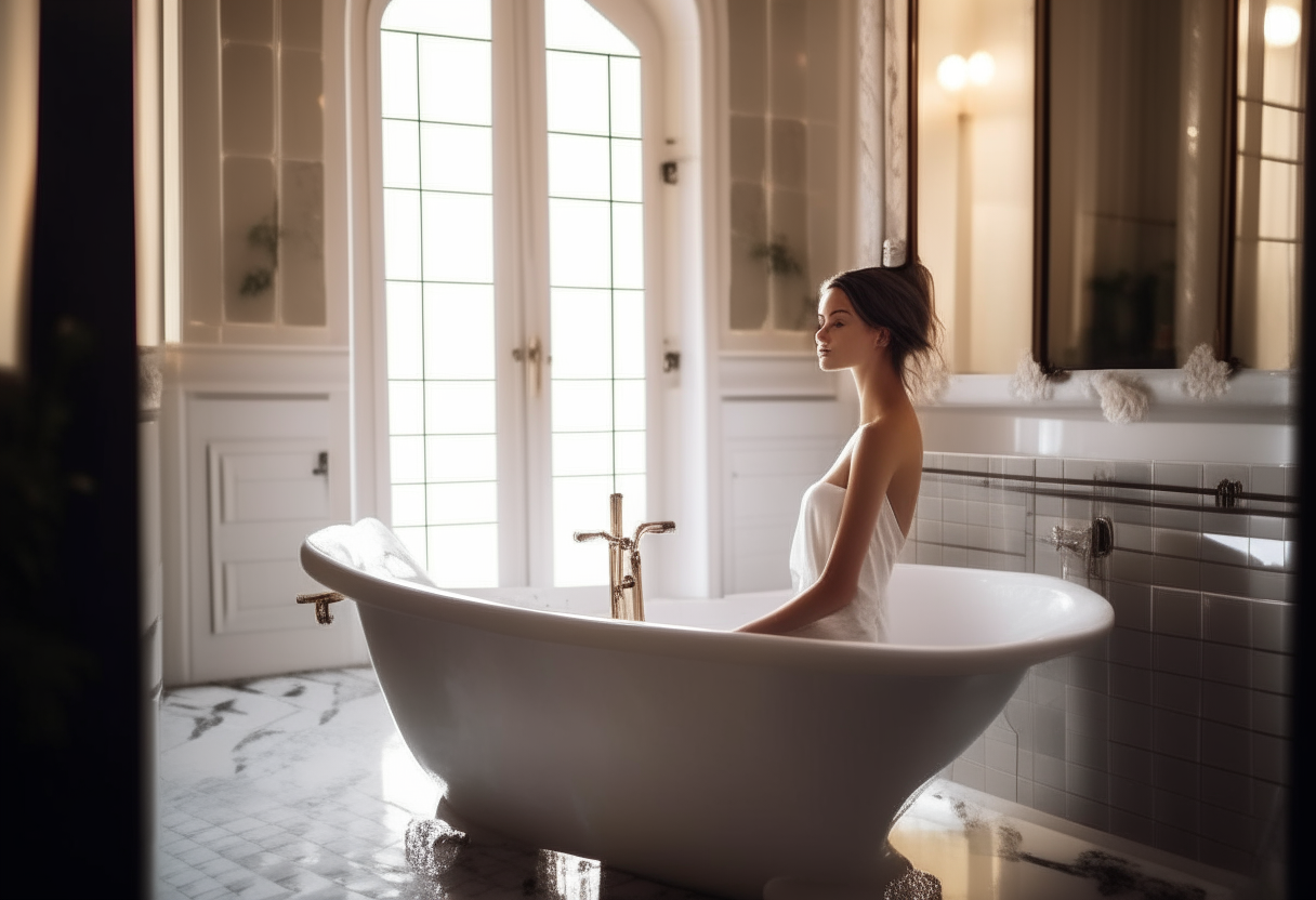 Young woman in a luxury bathroom taking bath 