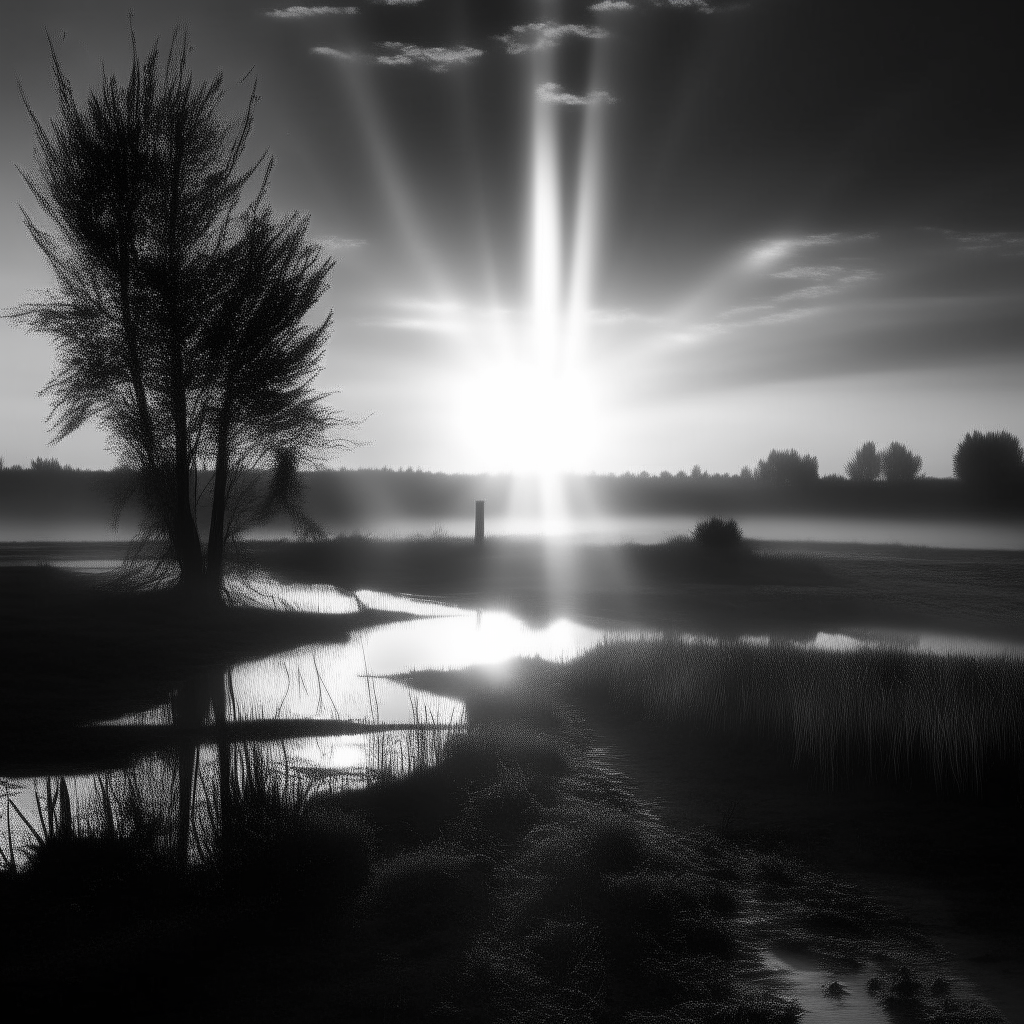 Beautiful scenic background with a sunrise in black and white