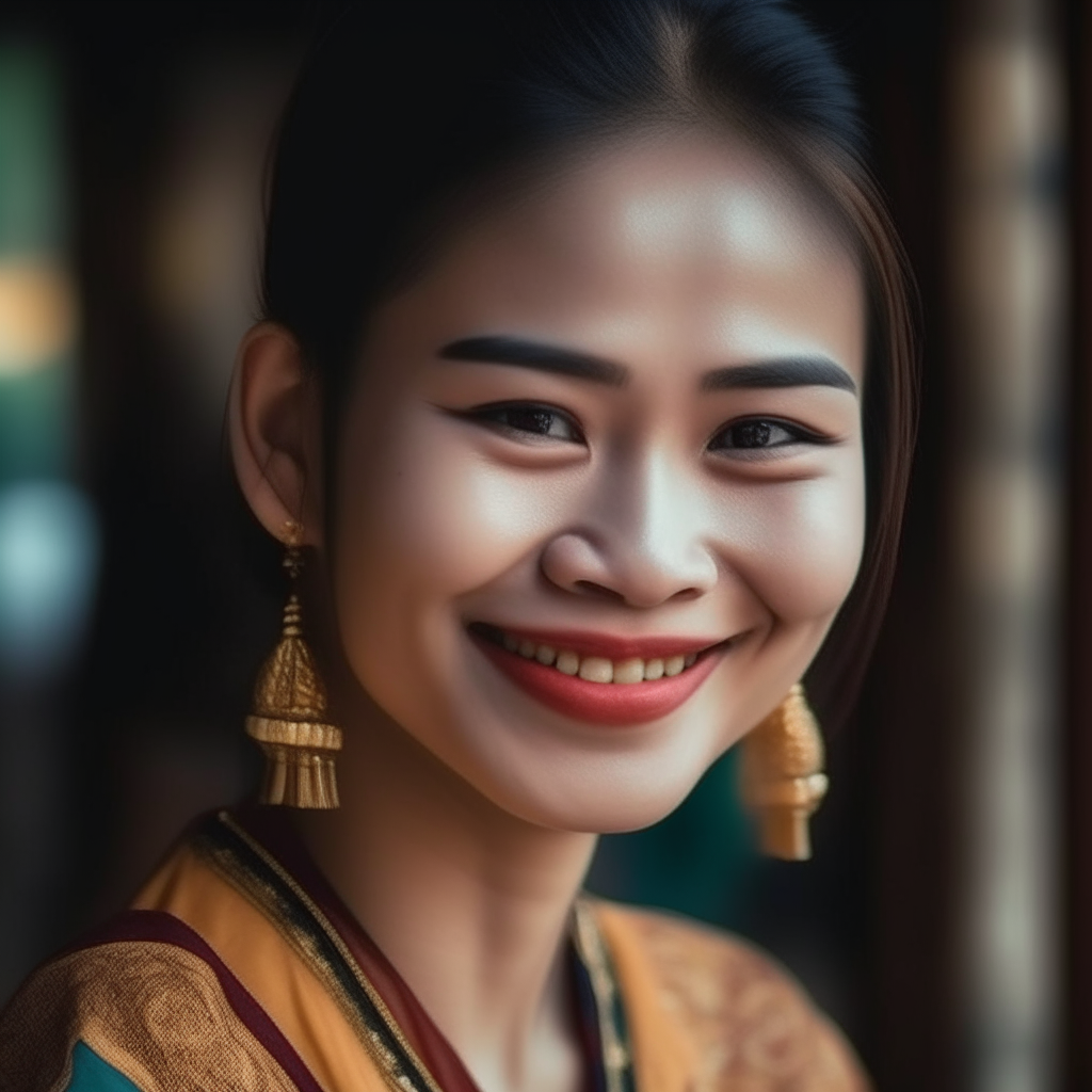 Beautiful Thai woman's looking shy, with a smile on her face.
 