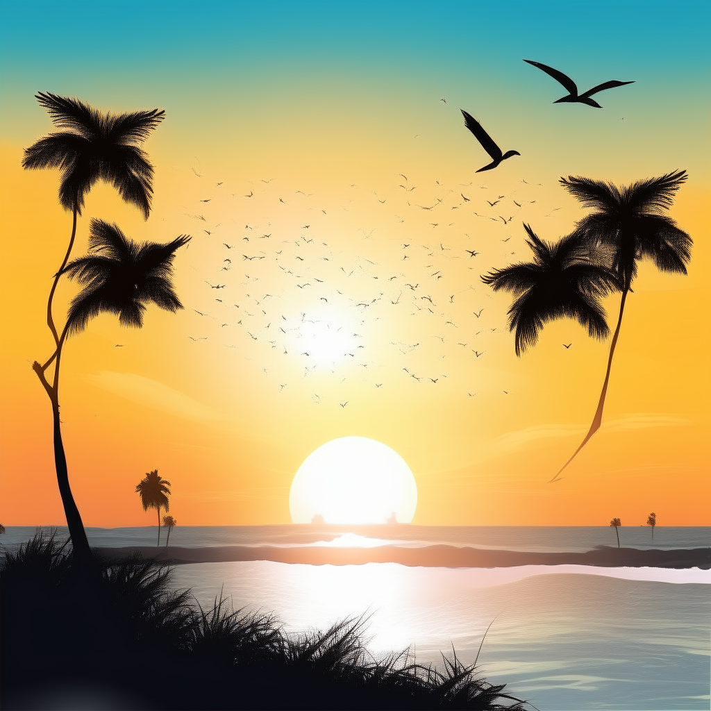 Beautiful scenic background of a palm beach, with birds flying and a beautiful sun rise.