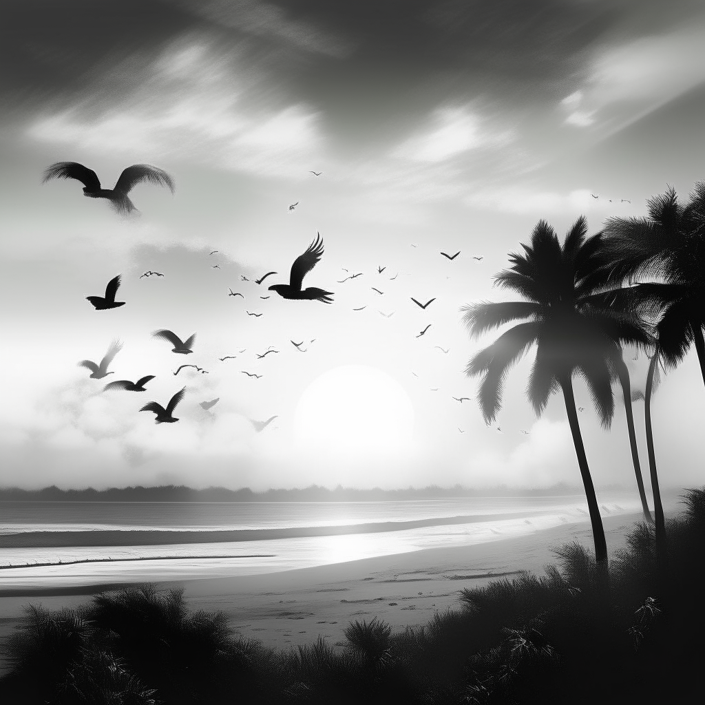 Beautiful scenic background of a palm beach, with birds flying and a beautiful sun rise in black and white.