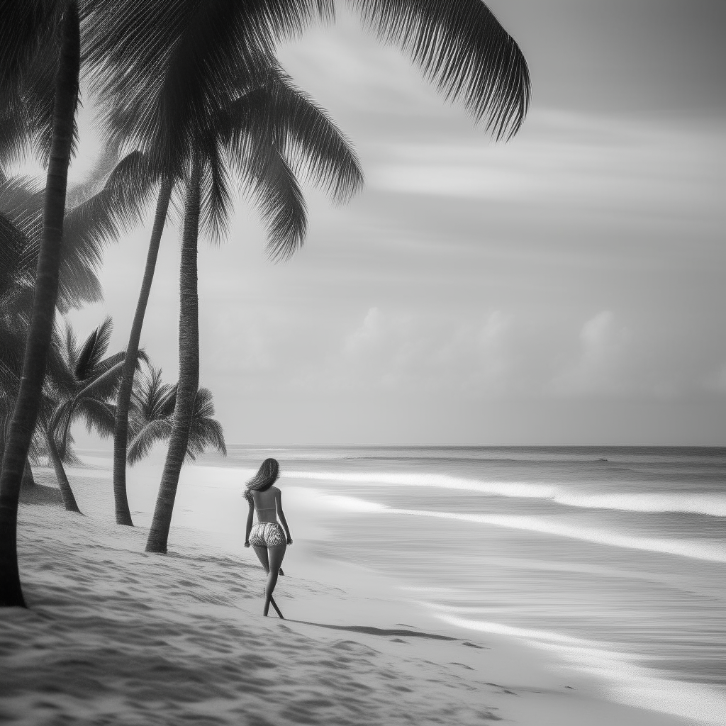 Beautiful scenic background of a palm beach, with a beautiful woman walking on the beach in black and white.