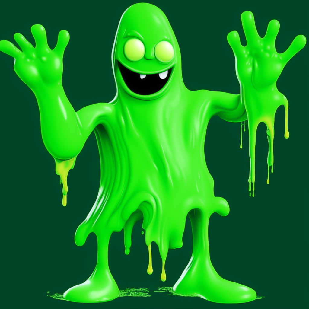 a superhero named The Green Slime Man, made of green slime, with eyes and a mouth visible, holding a shield with his slime hand
