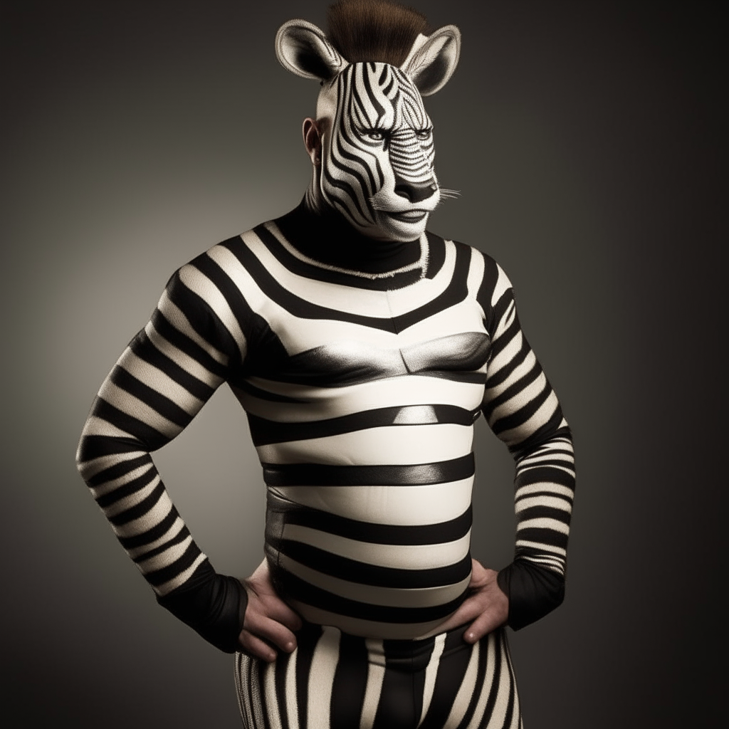 a superhero named Zebra Man, with a costume resembling a zebra's stripes, standing confidently with hands on hips