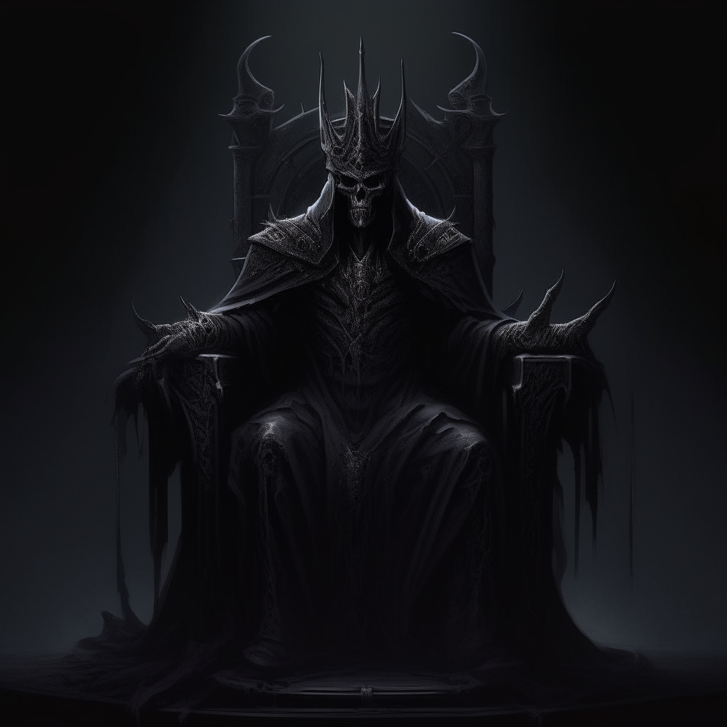 A dark lord sits on a black throne and looks down with an expression of horror and dread, in a dark fantasy style