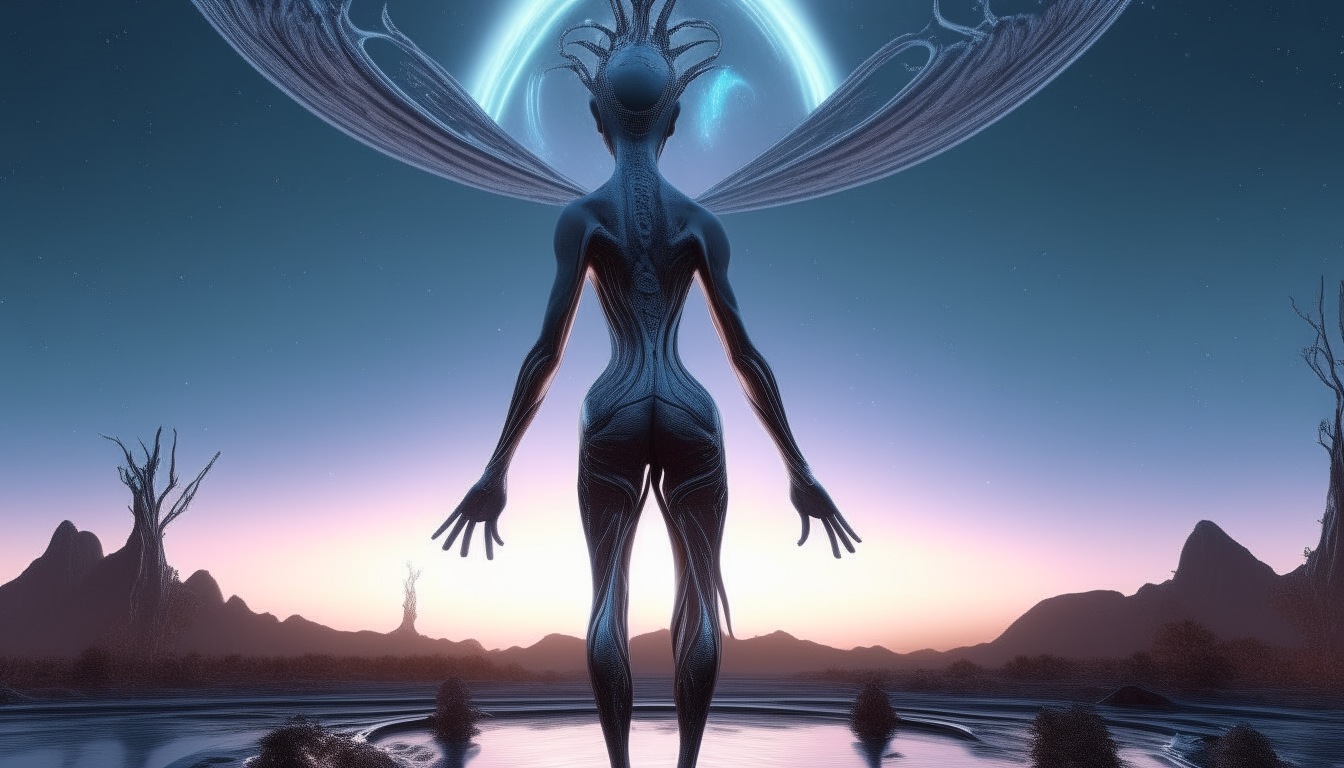 a beautiful arcturian alien Goddess standing on the surface of a beautiful alien planet with her arms outstretched and looking into the cosmic sky, liquid chrome biomechanical plantlife covers the ground beneath her, 16.9 aspect ratio, super intricate realistic details, 4K quality, dark sci-fi fantasy style