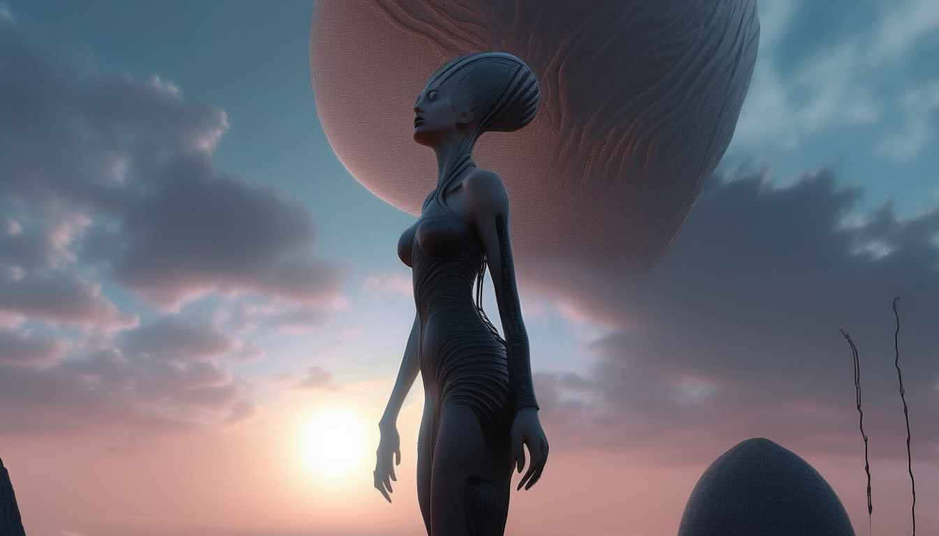 a beautiful Acrturian alien goddess standing on the surface of an alien biomechanical planet, looking at little fluffy clouds in the cosmic sky above, 16.9 aspect ratio, intricate realistic details, 4K quality, dark sci-fi fantasy style