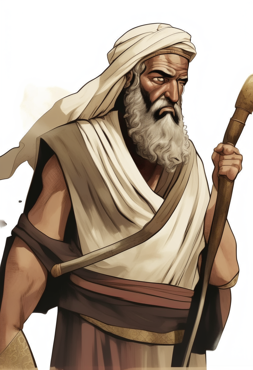 create an image of Joshua, Moses' half-body successor, with his battle garb and a soriso on his face;
