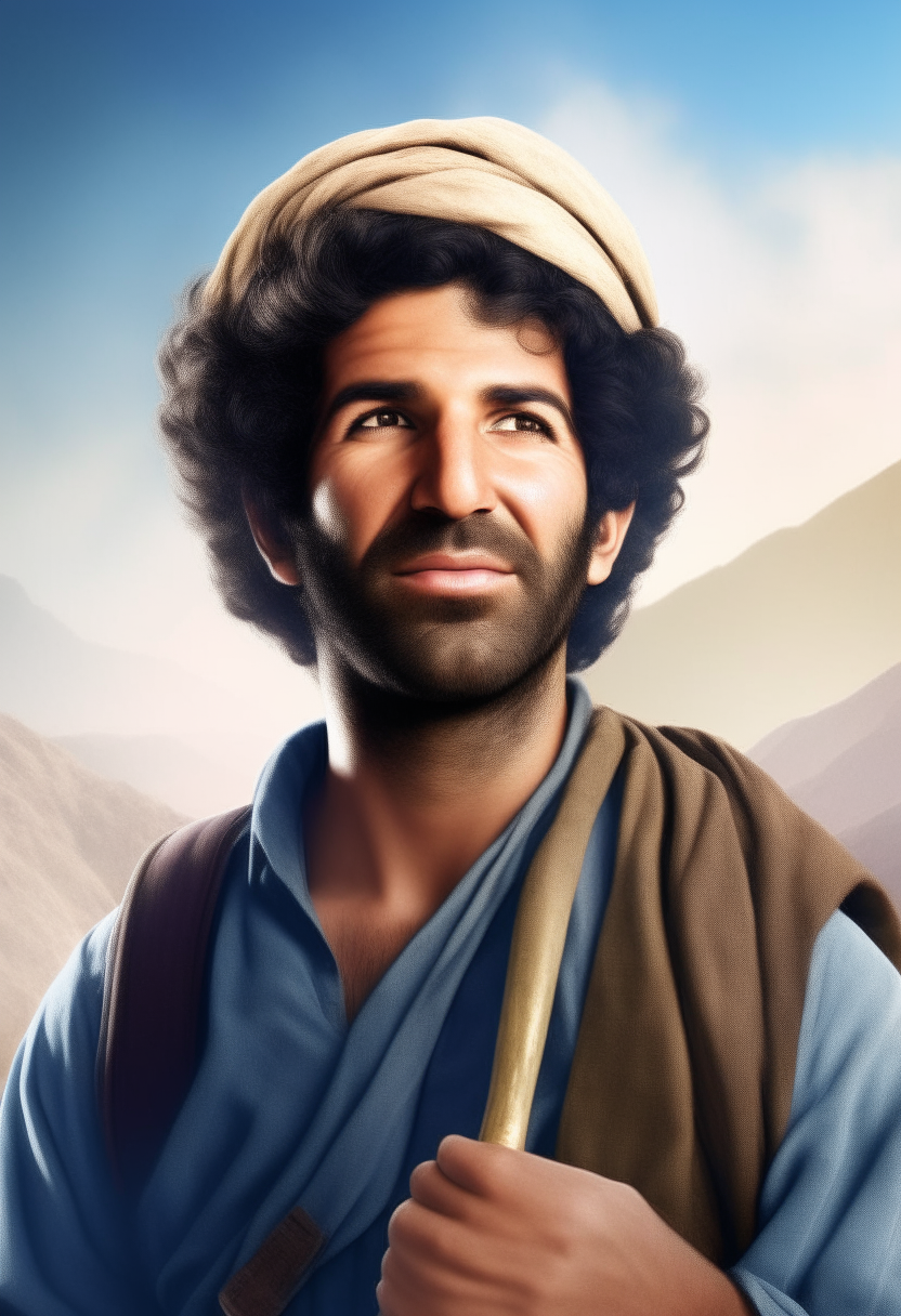 create an image of Joshua leader of Israel half-body with his battle clothes and a smile on his lips and a mountain in the background