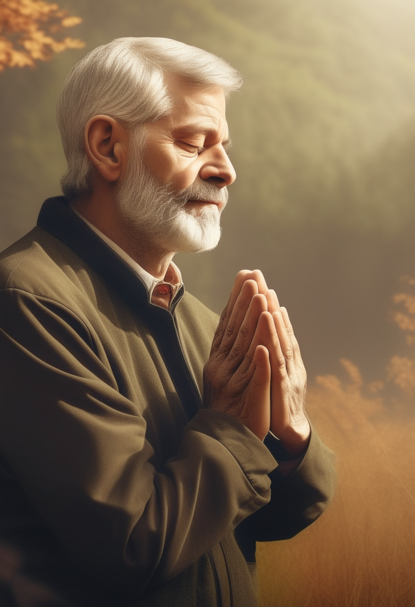 Create an image of a gentleman with hand laid praying with nature in the background