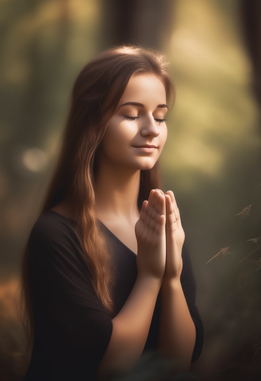 Create an image of a young lady with her hands in prayer with nature in the background