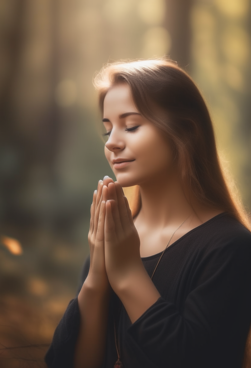 Create an image of a young lady with her hands in prayer with nature in the background