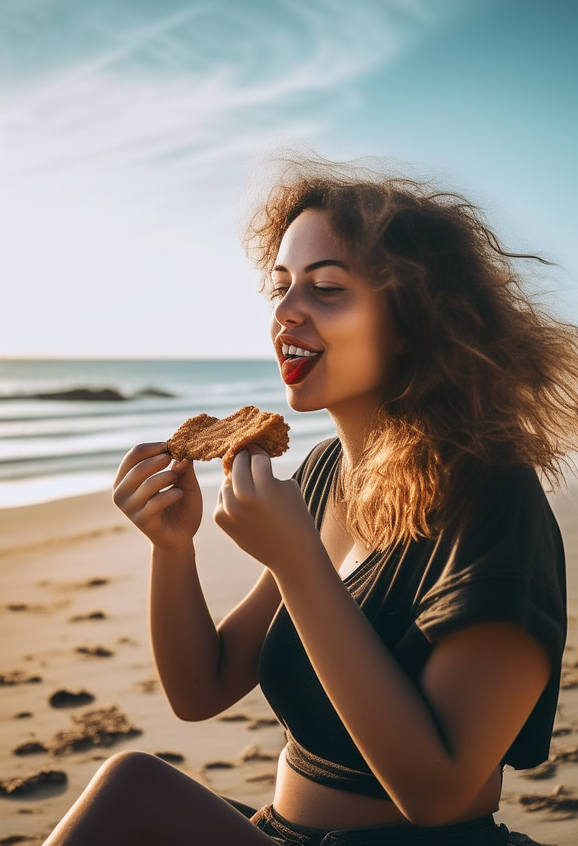Create an image of a young lady eating on the beach