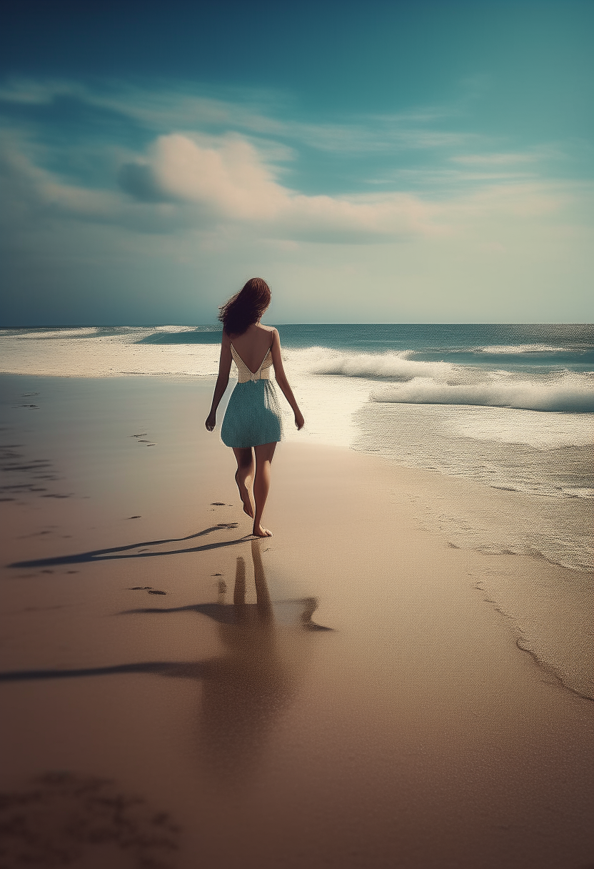 Create an image of a young lady walking on the beach