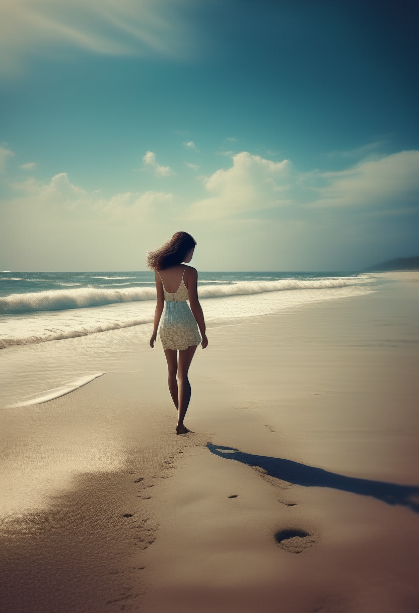 Create an image of a young lady walking on the beach