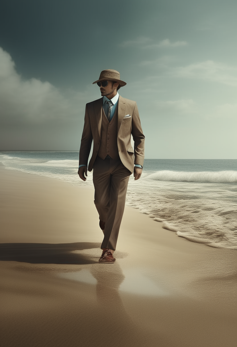 Create an image of a well-dressed man walking on the beach