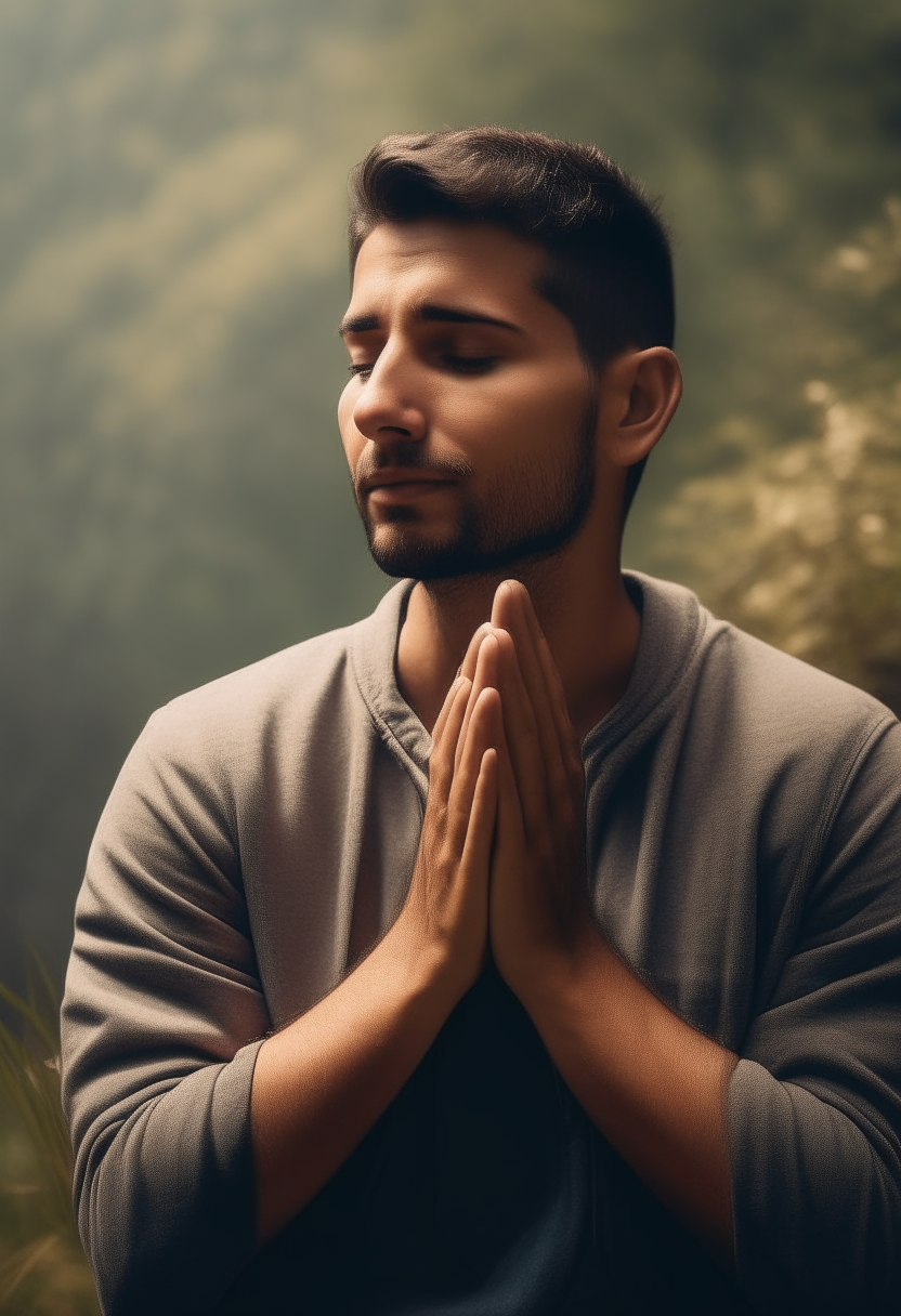 Create an image of a man praying with folded hands with nature in the background