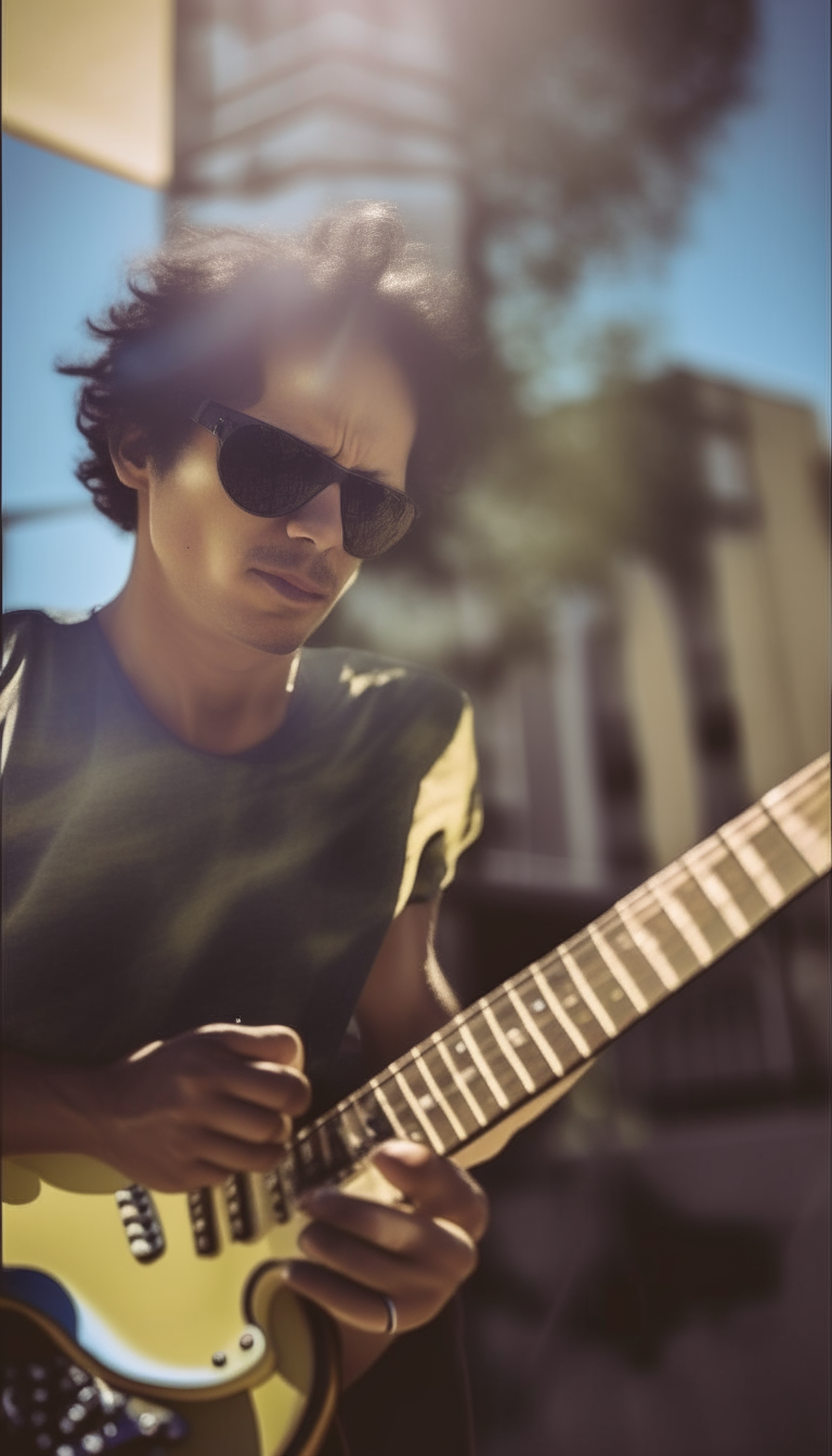 a man with sunglasses playing an electric guitar outdoors on a sunny day, enhanced clarity and lighting