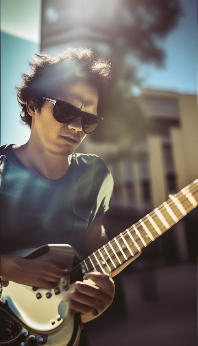 a man with sunglasses playing an electric guitar outdoors on a sunny day, enhanced clarity, lighting and resolution