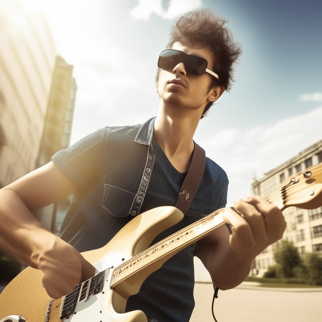 a man with sunglasses playing an electric guitar outdoors on a sunny day, photorealistic high-definition portrait