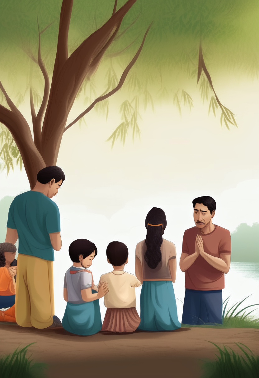 Create an image of a family praying with folded hands, near a tree on the riverbank