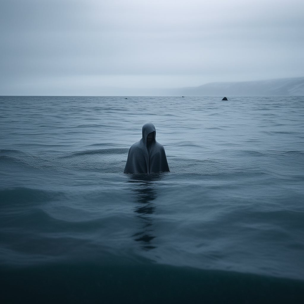cloaked figure swimming in arctic sea