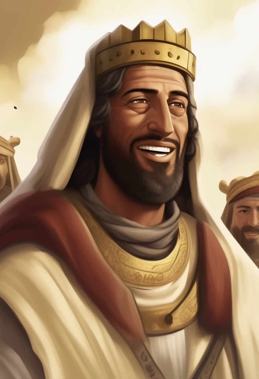 create an image of Joshua, Israel's leader from the waist up, in his battalion robes, at the conquest of Jericho, with a smile on his lips;