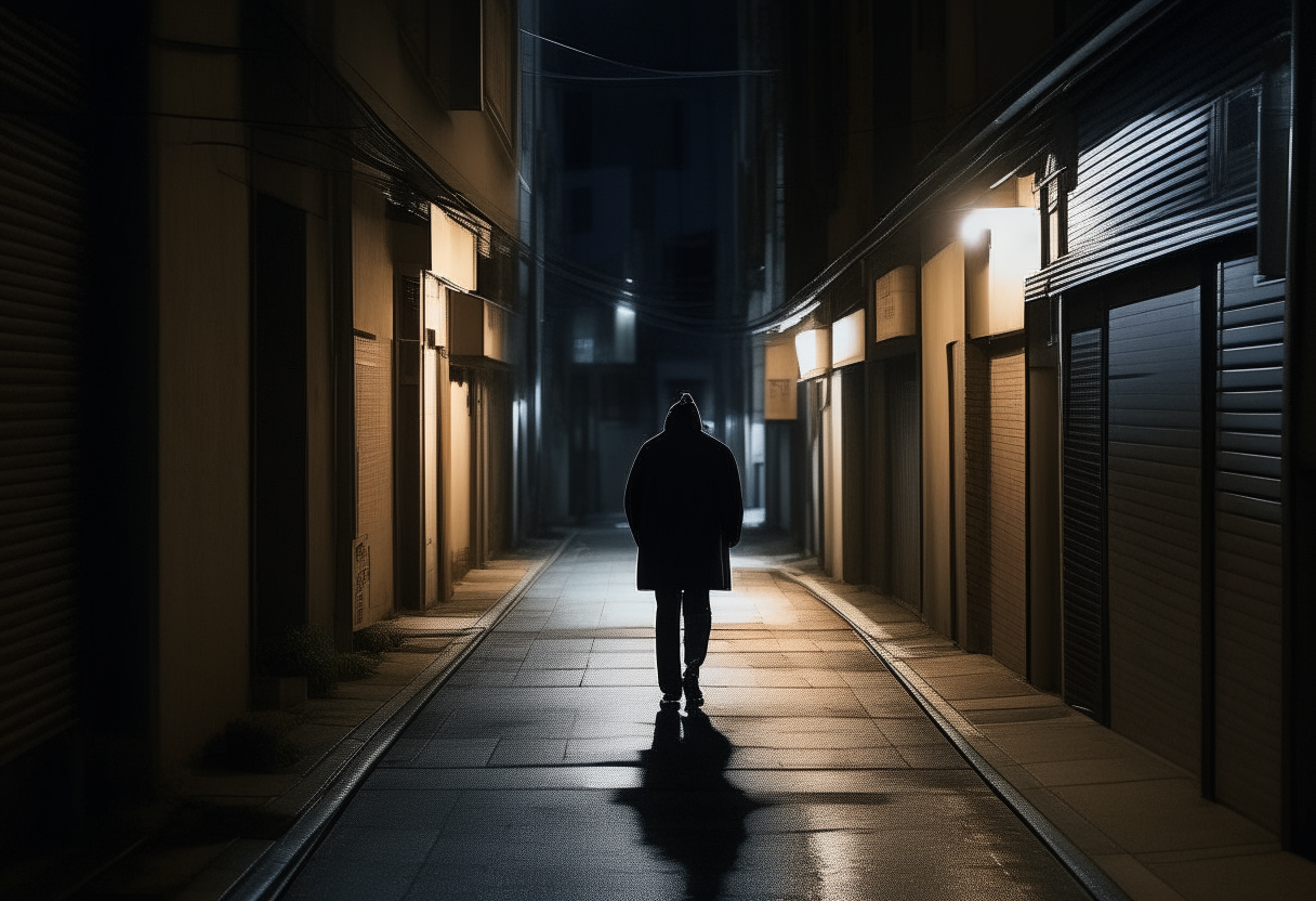 A homeless man walks in the middle of a long, narrow street on a dark, dimly lit street.