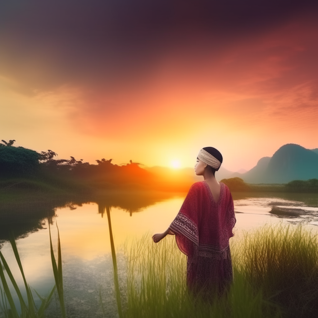 Beautiful landscape with sun rises and Thai woman 