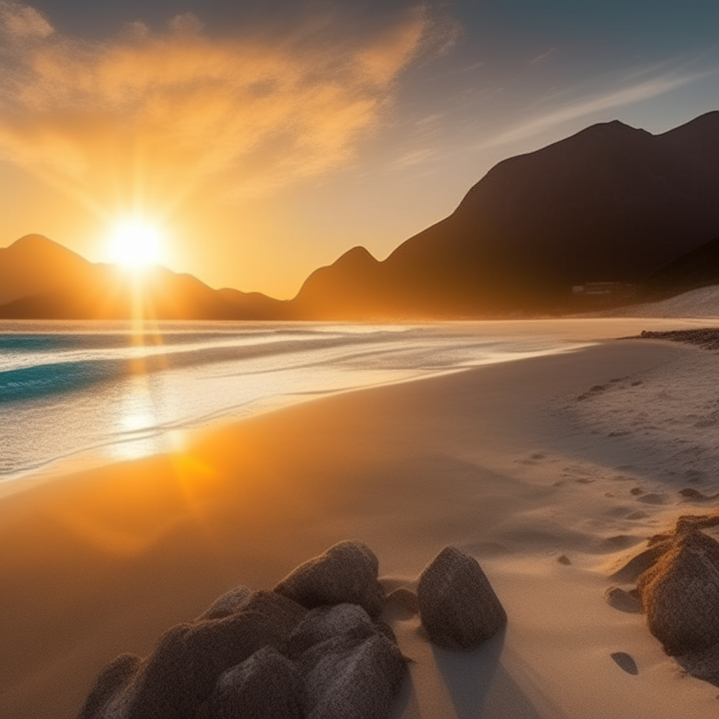 Beautiful landscape beach with sun rises over the mountains.
