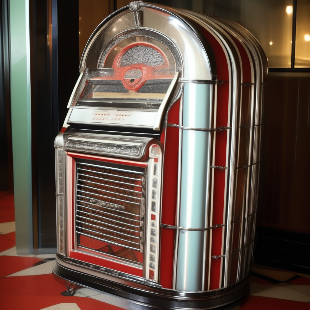 a retro 1950s style jukebox with chrome details, sitting on a checkered floor