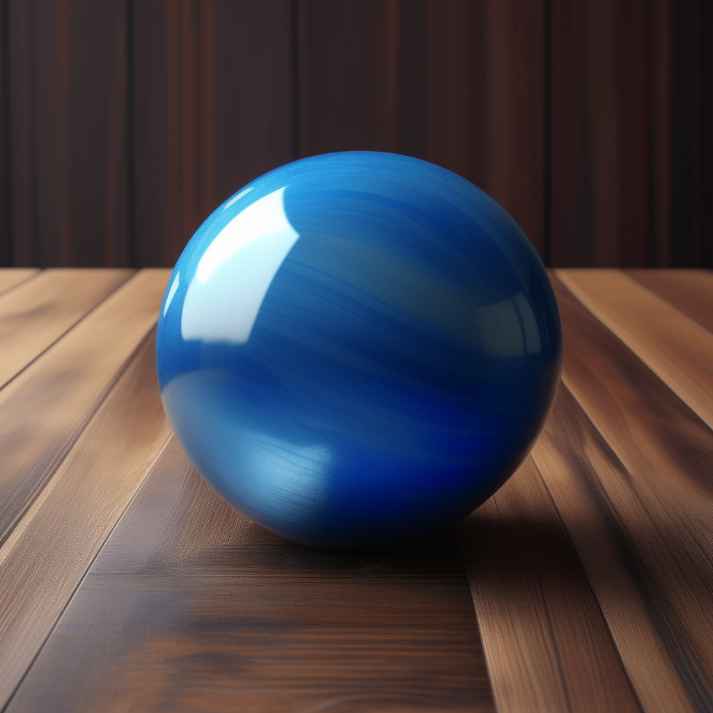 a photo realistic image of a blue sphere sitting on a brown wooden board