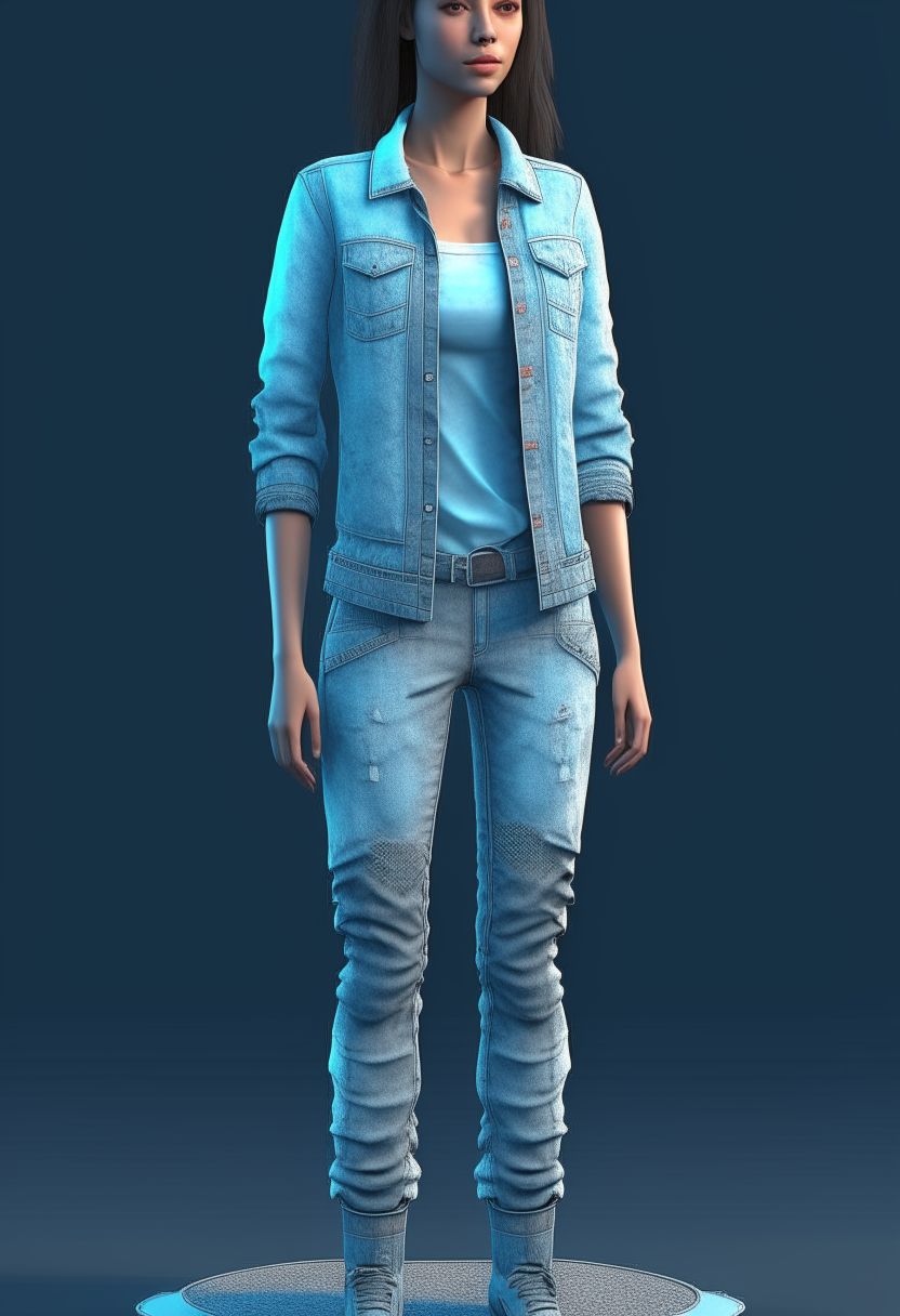 design a dress, ِDenim, Jacket and jeans, full body, photorealistic, photographic, 8k, Vray. 