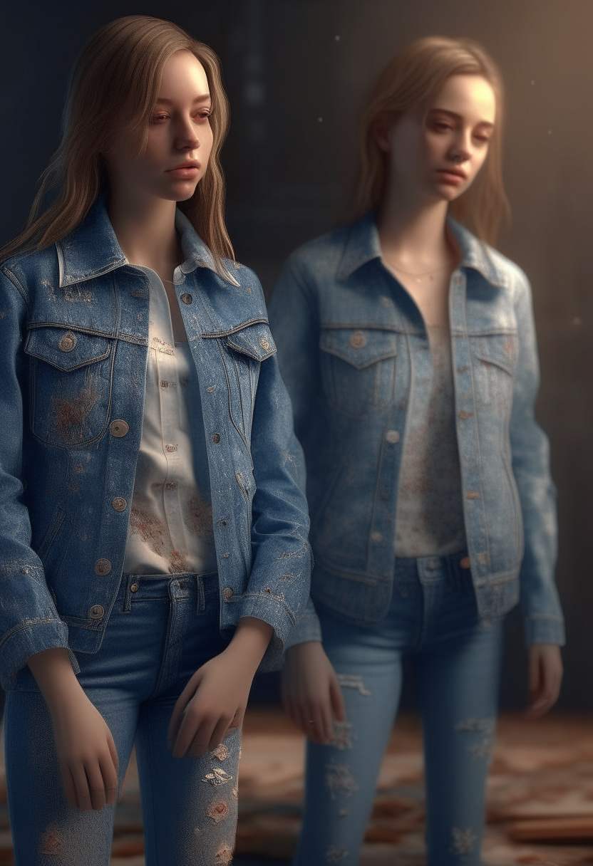 two girls in the Jeans, design a dress, ِDenim, Jacket and jeans, full body, photorealistic, photographic, 8k, Vray. 