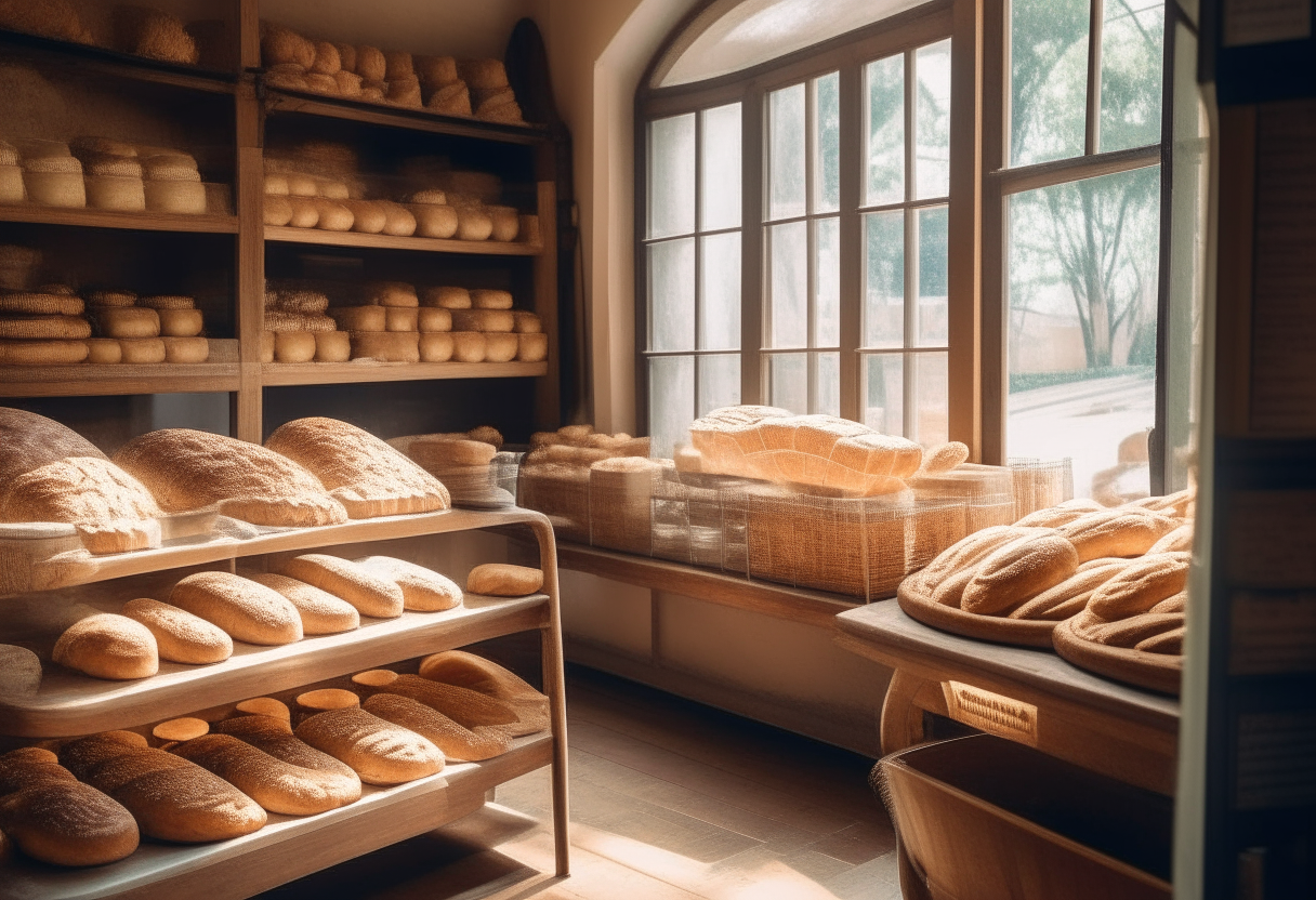 an old fashioned bakery with shelves full of breads and pastries, soft natural lighting, depth of field vintage bakery interior with wooden shelves, baskets, breads, and light streaming in through the windows onto the worn wood floors and counters