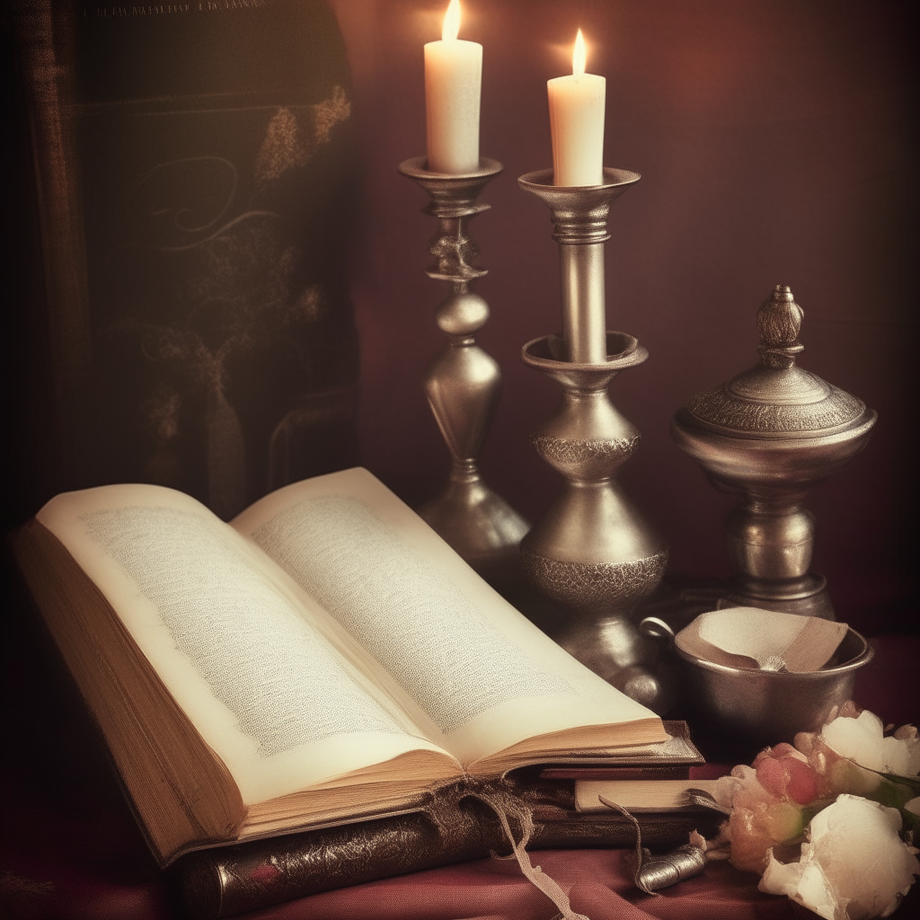 an old fashioned vintage background with antique objects like books, candles, flowers and silverware, soft lighting, for the cover of a traditional cookbook