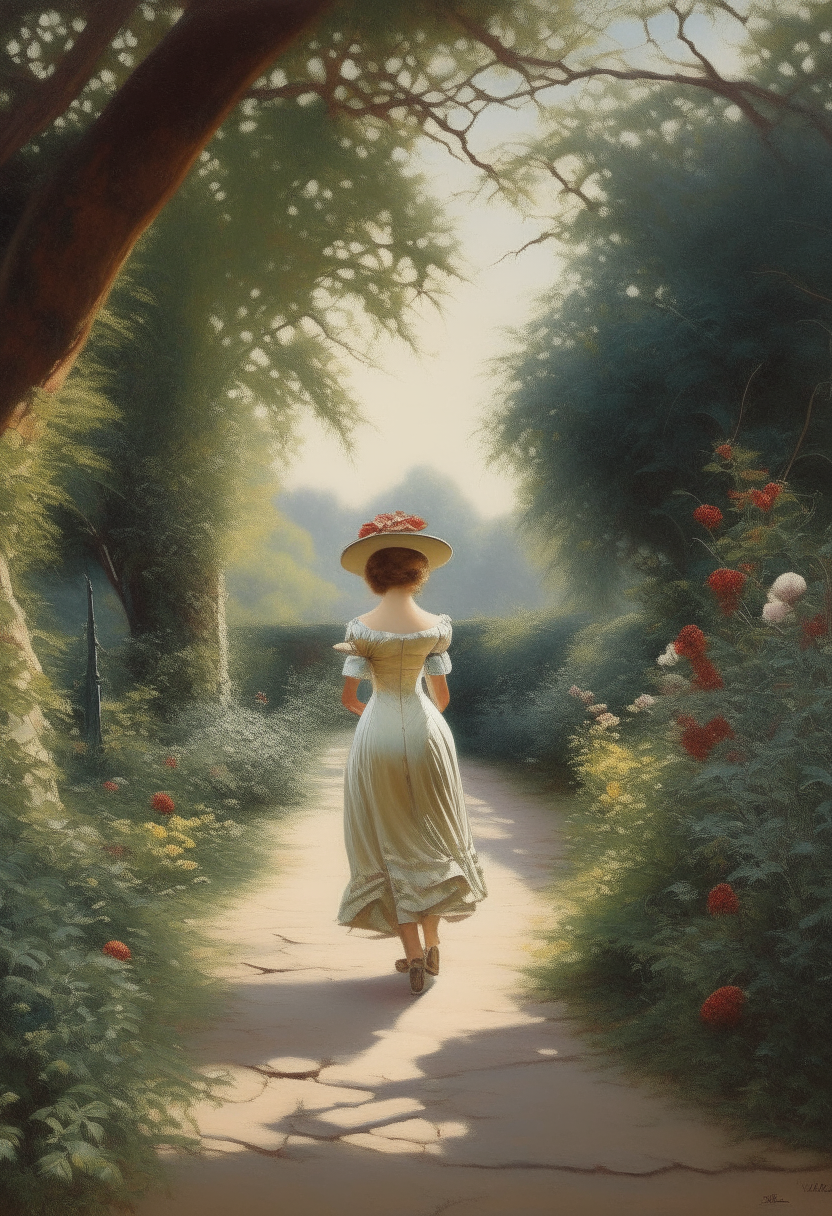 an old fashioned vertical art poster with a vintage floral frame surrounding the center the center shows a young woman in an 1800s dress walking through a garden pathway with big trees on either side casting shadows the art style is romanticism painted with oil on canvas