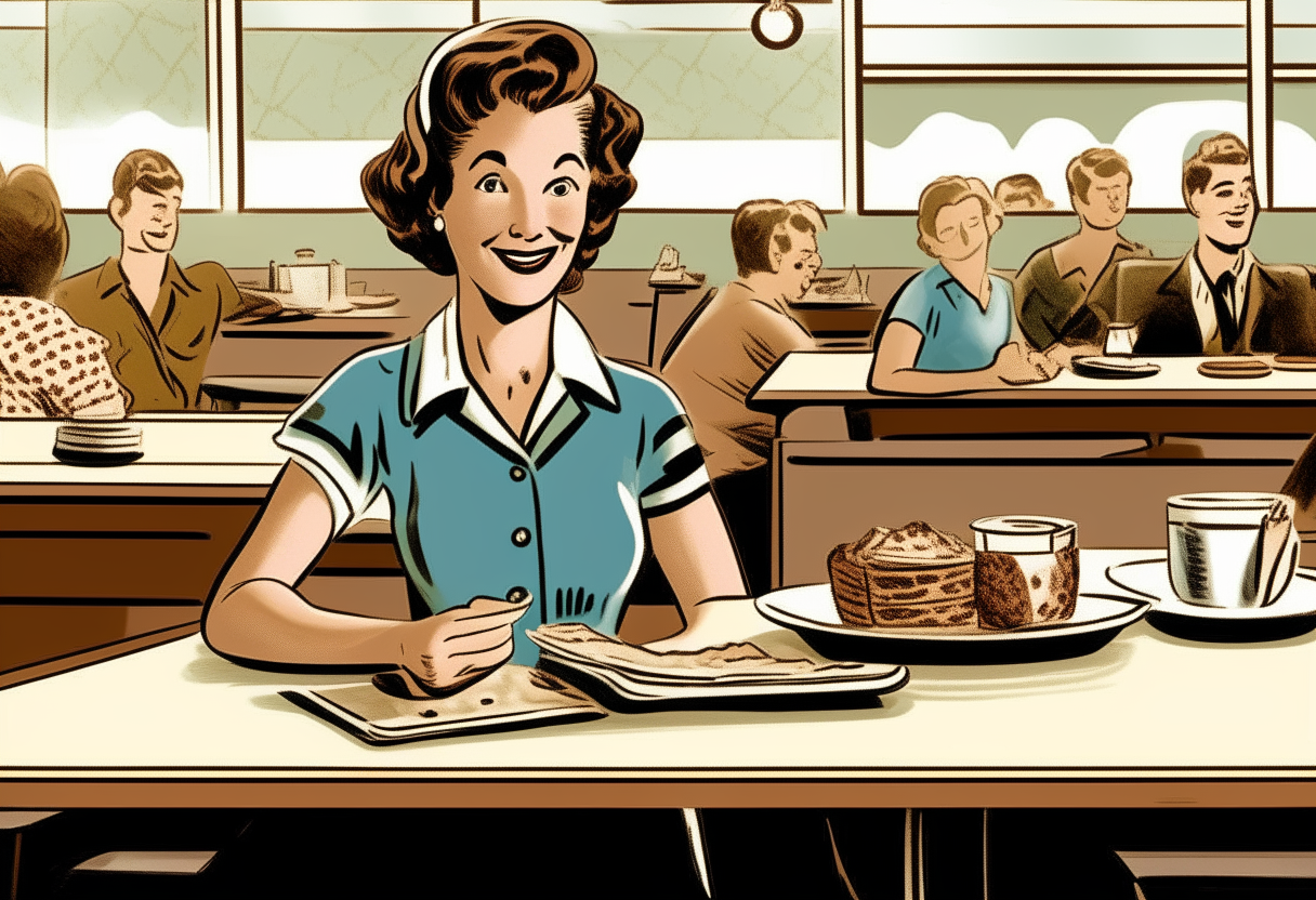 an old fashioned 1950s style comic cartoon of a smiling woman in a dress and apron carrying a tray of food to a table where a 1950s suburban family of four is seated comic book style drawing