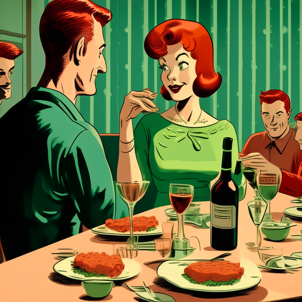 1950s style comic cartoon of a woman with red hair and a green dress serving food to a 1950s nuclear family at a dinner table Gary Lee Watson style digital painting