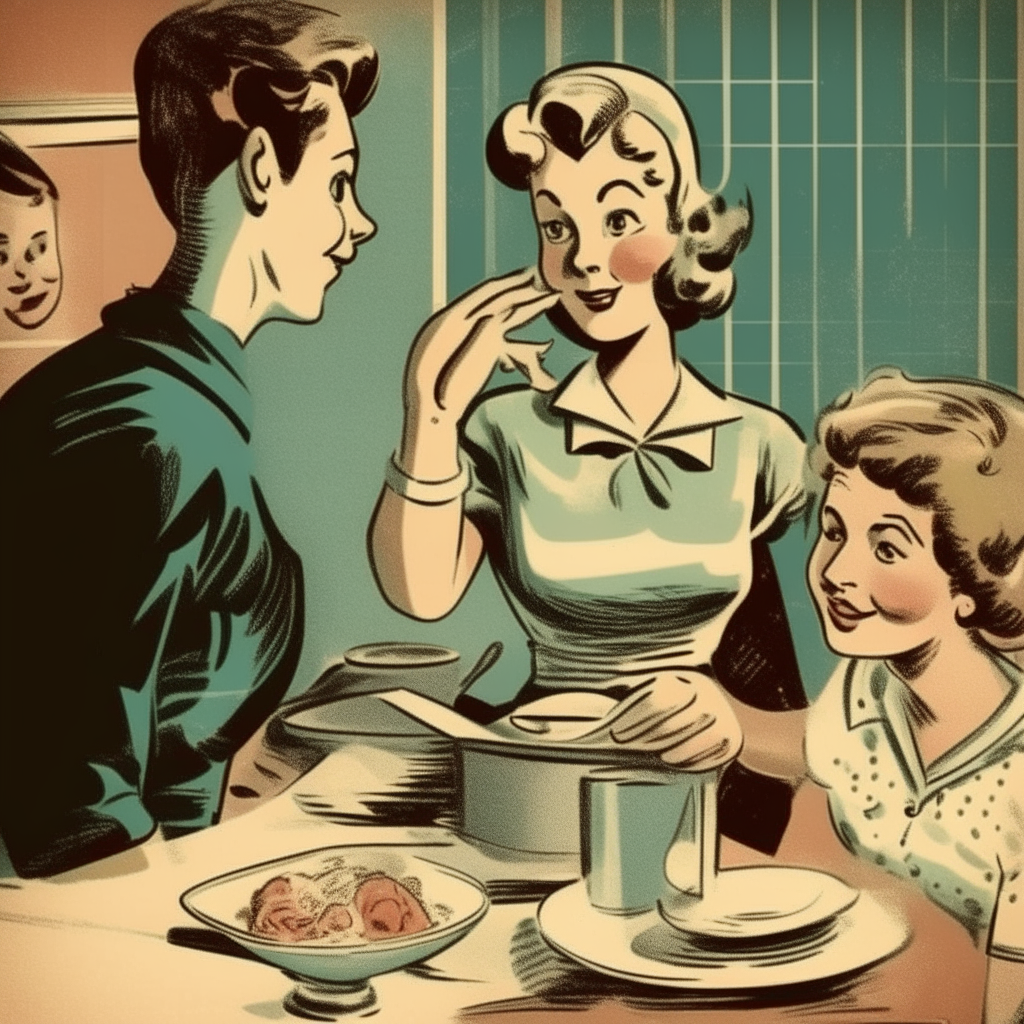 A vintage 1950s comic cartoon of a woman serving food to a family, faded and worn with age