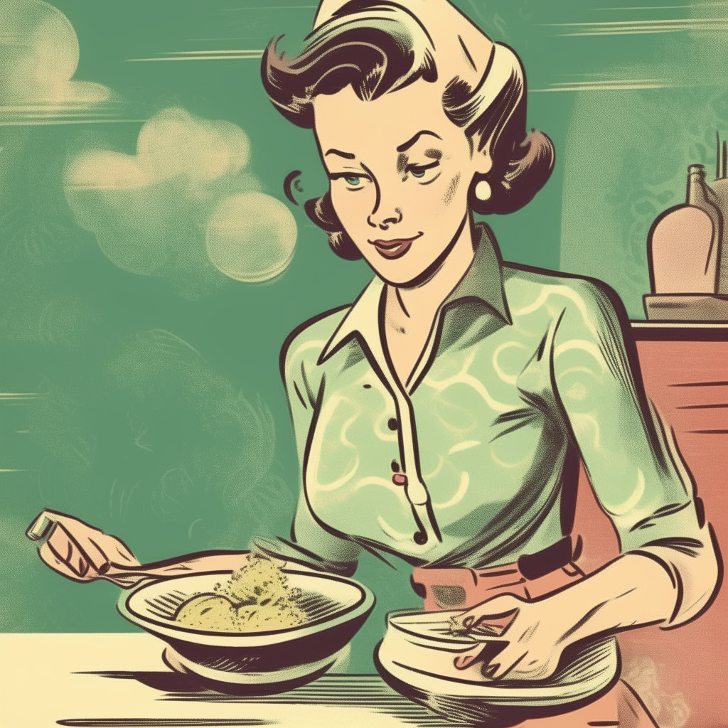 A vintage 1950s comic cartoon of a woman serving food, faded with muted colors