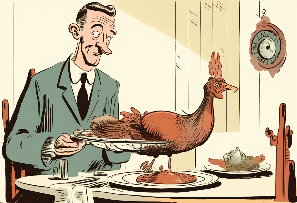 an old fashioned 1950s style comic cartoon of a turkey recipe being served on a table