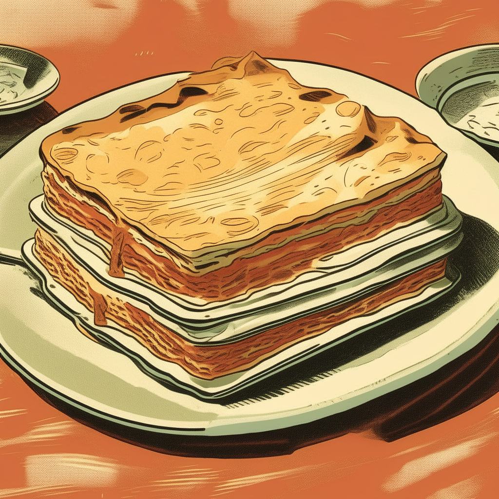 A 1950s comic style illustration of lasagna served on a table, viewed from above