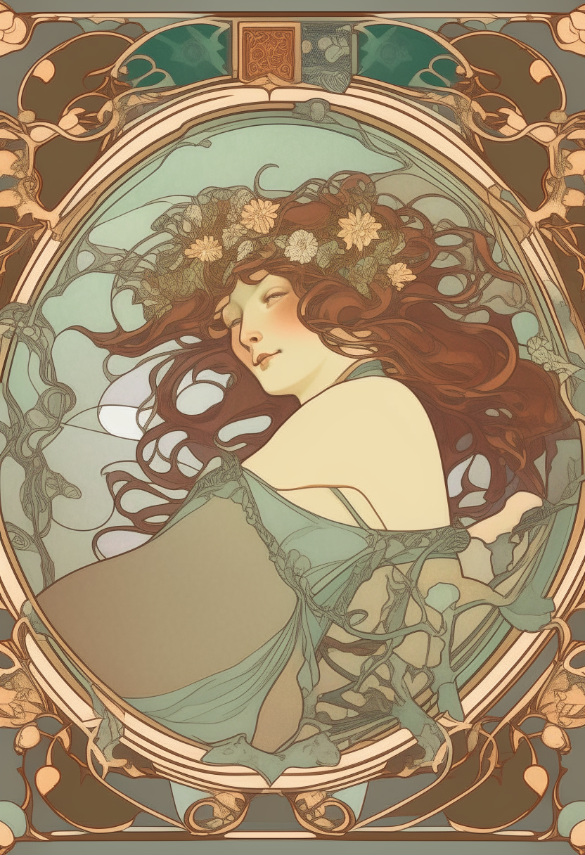 a decorative alphonse mucha style poster with intricate borders and framing elements, leaving a blank center