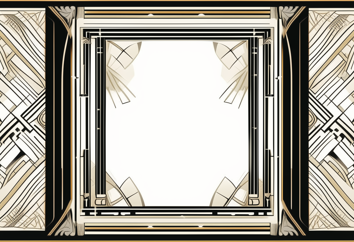 a symmetrical art deco frame with intricate geometric patterns only on the edges, surrounding a blank white center