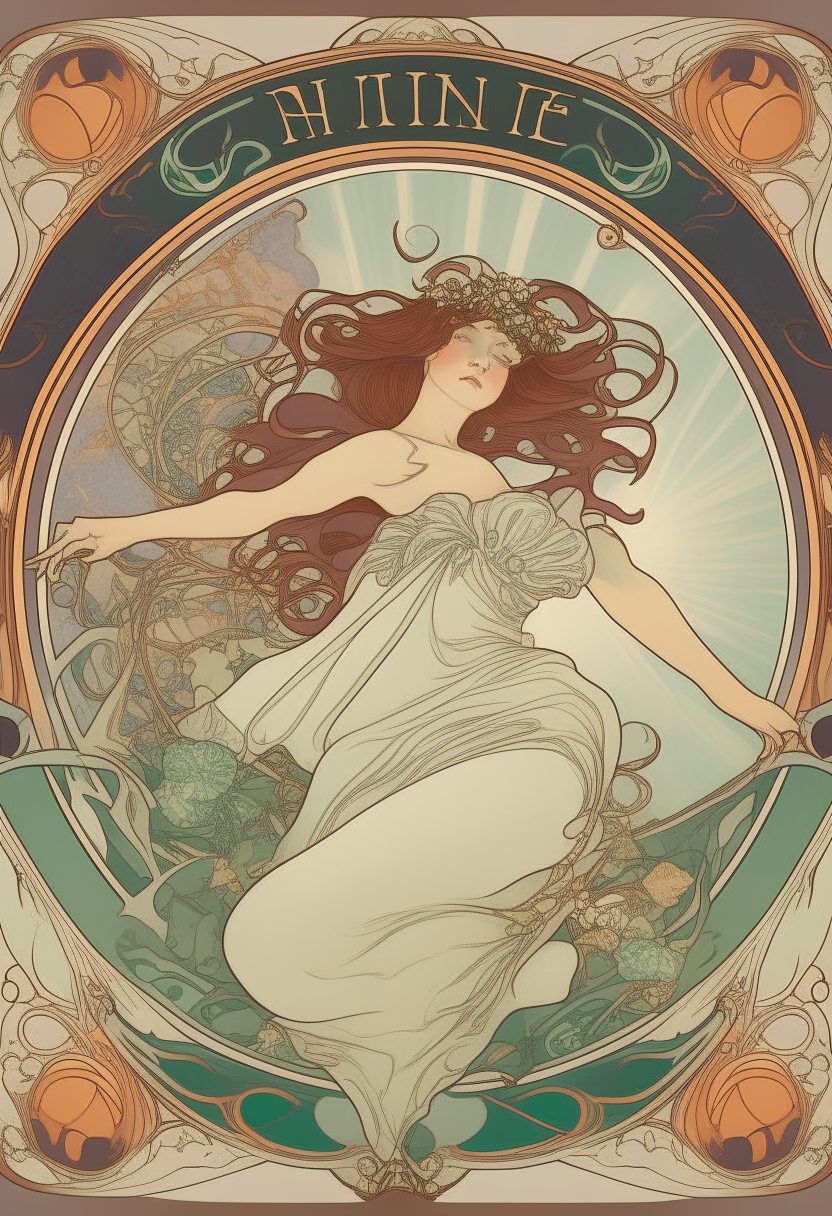 an alphonse mucha style poster with swirling decorative borders, leaving the center blank