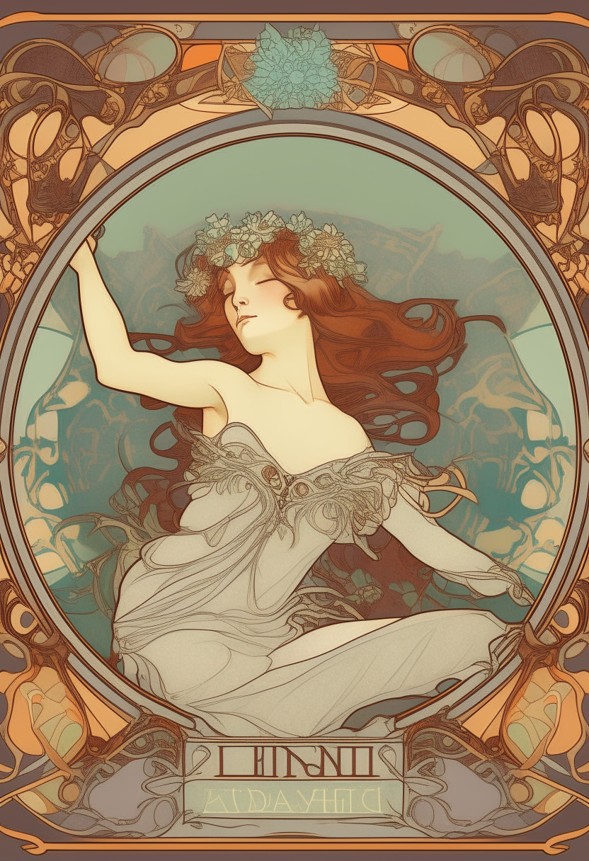 an alphonse mucha inspired poster with ornate borders and framing elements, empty center space